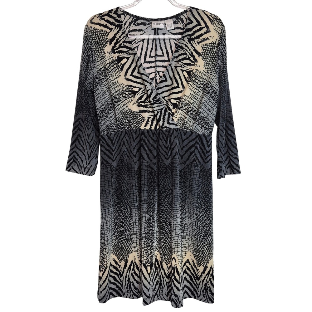 Chicos Zebra Snakeskin Faux Wrap Dress Grey Black Size 1 Medium Mixed Print